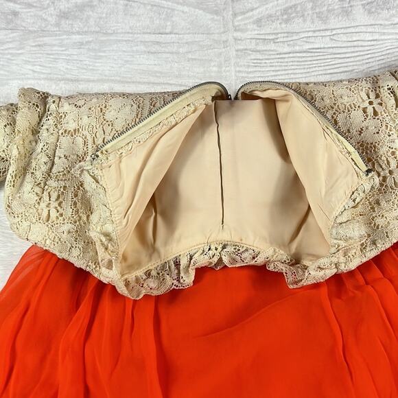 Vintage 70s Unbranded orange Chiffon and cream lace maxi dress, size small or xs - Picture 5 of 12